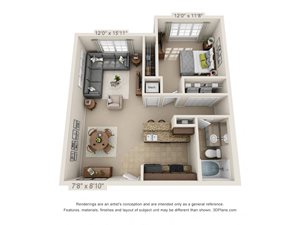 Cobalt One Bed One Bath 3D Floor Plan Rendering at Amberleigh Ridge Apartment in Chattanooga, TN