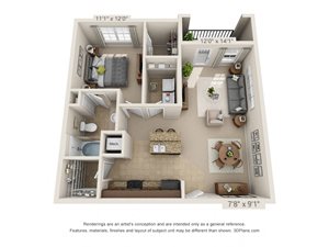 Mica One Bed One Bath 3D Floor Plan Rendering at Amberleigh Ridge Apartment in Chattanooga, TN