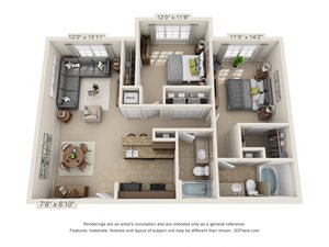 Topaz Two Bed Two Bath 3D Floor Plan Rendering at Amberleigh Ridge Apartment in Chattanooga, TN