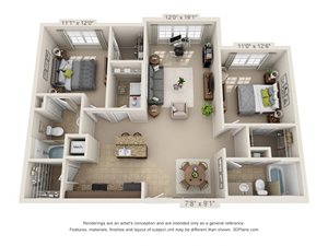 Slate Two Bed Two Bath 3D Floor Plan Rendering at Amberleigh Ridge Apartment in Chattanooga, TN