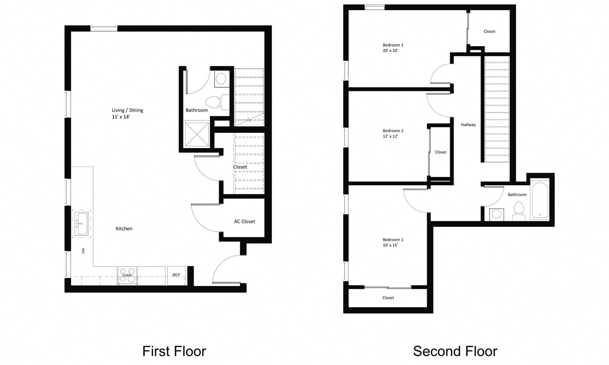 Downstairs large open floor plan 1/2 bath, bedrooms and bath upstairs.