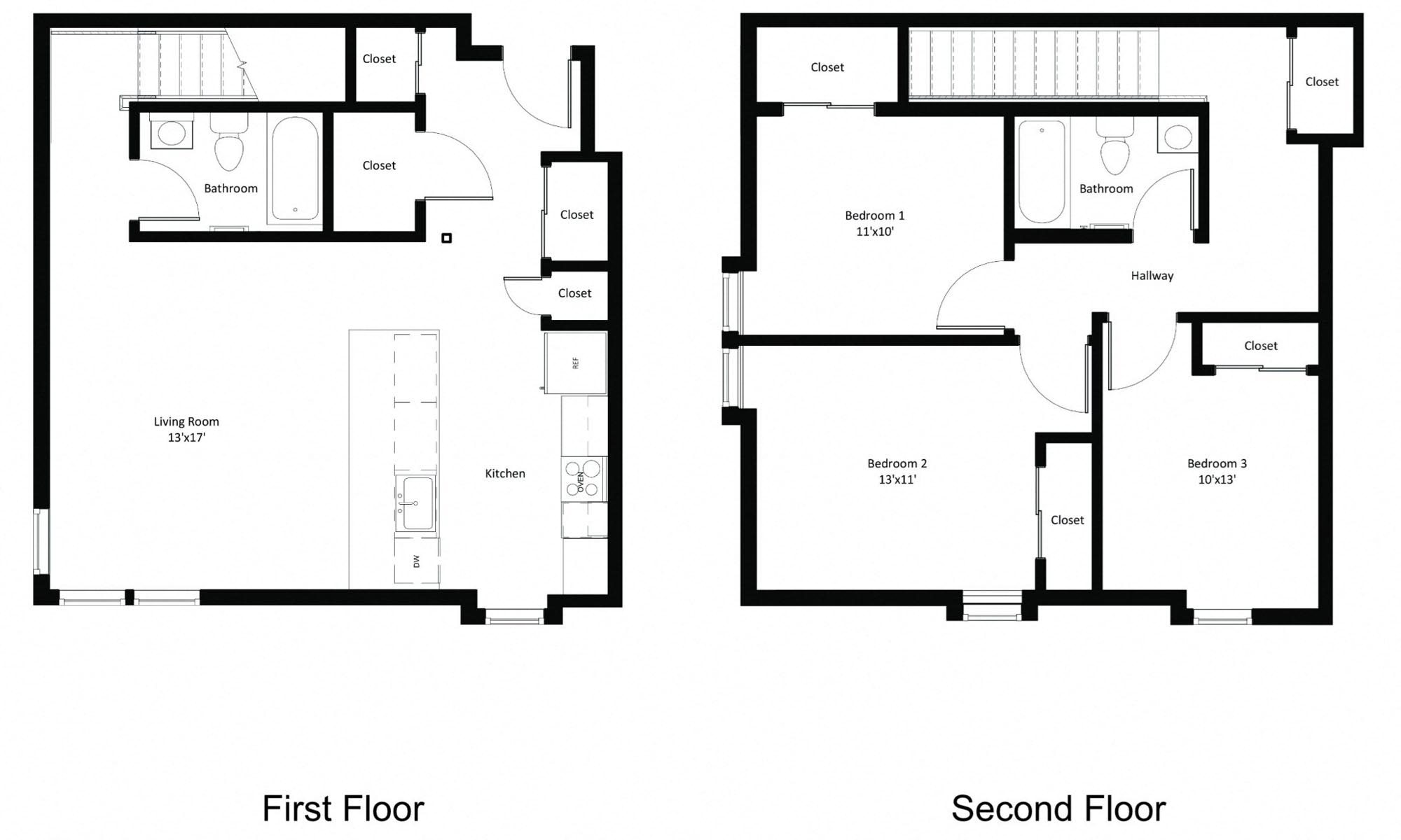 Open living space and full bath on first level. Bedrooms and full bath on upper level.